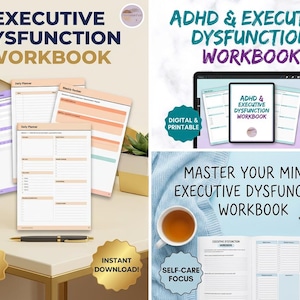 Peut inclure: Image de cahiers avec le texte "EXECUTIVE DYSFUNCTION WORKBOOK" et "ADHD & EXECUTIVE DYSFUNCTION WORKBOOK". L'image comprend &eacute;galement une tablette et une tasse de th&eacute;. Les cahiers sont &eacute;tiquet&eacute;s "101 PAGE PDF" et "INSTANT DOWNLOAD!"