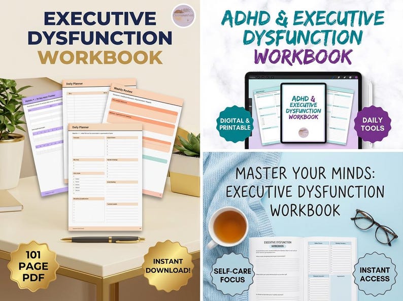 Peut inclure: Image de cahiers avec le texte "EXECUTIVE DYSFUNCTION WORKBOOK" et "ADHD & EXECUTIVE DYSFUNCTION WORKBOOK". L'image comprend &eacute;galement une tablette et une tasse de th&eacute;. Les cahiers sont &eacute;tiquet&eacute;s "101 PAGE PDF" et "INSTANT DOWNLOAD!"
