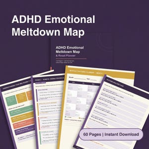 Peut inclure: Plusieurs pages imprimables du planificateur de réinitialisation et de la carte des crises émotionnelles liées au TDAH. Les pages sont de différentes couleurs, dont le jaune, le violet et le blanc. Le texte comprend "ADHD Emotional Meltdown Map" et "60 Pages | Instant Download."