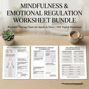 Peut inclure: Un ensemble de feuilles de travail imprimables sur la pleine conscience et la régulation émotionnelle pour adultes et adolescents. Les feuilles de travail comprennent des sections sur les émotions, les sensations corporelles et les stratégies d'adaptation.