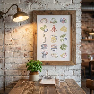 Peut inclure: Une affiche encadrée présentant des illustrations colorées de divers aliments, notamment du pain, des figues, des artichauts, des citrons, une bouteille, un pichet, des olives et des piments. L'affiche est accrochée sur un mur de briques blanches.