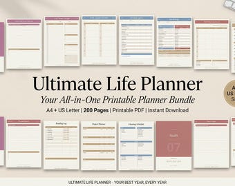 Ultimate Life Planner Printable | 200 Page Bundle | Budget, Habit, Wellness & Meal Planner PDF | Instant Download | A4 Letter