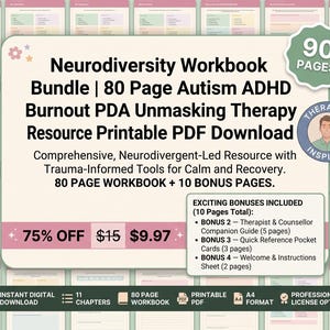 Peut inclure: Un ensemble de cahiers d'exercices sur la neurodiversité comprenant 90 pages au total, avec une ressource de 80 pages sur l'autisme et le TDAH, plus 10 pages bonus. Ce téléchargement PDF imprimable inclut un guide pour thérapeutes et des fiches.