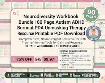May include: A digital neurodiversity workbook bundle featuring 90 pages total, including an 80-page autism and ADHD burnout therapy resource and 10 bonus pages. The printable PDF download includes a therapist companion guide, pocket cards, and instructions.