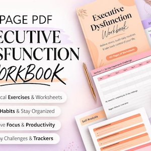 Peut inclure: Image d'un ensemble de cahiers et de feuilles de travail intitul&eacute; "Executive Dysfunction Workbook". La couverture pr&eacute;sente le titre en gros caract&egrave;res gras. L'image comprend un stylo, un suivi des habitudes sur 30 jours et un autocollant avec le texte "Expressionist Pages."