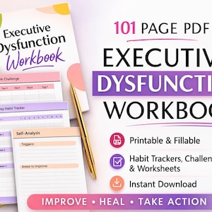 Peut inclure: Un cahier intitul&eacute; "Executive Dysfunction Workbook" avec un design violet et blanc. L'image comprend des feuilles de travail, un stylo dor&eacute; et le texte "101 PAGE PDF". Le cahier propose des trackers d'habitudes, des d&eacute;fis, des feuilles de travail imprimables et remplissables, et des t&eacute;l&eacute;chargements instantan&eacute;s.