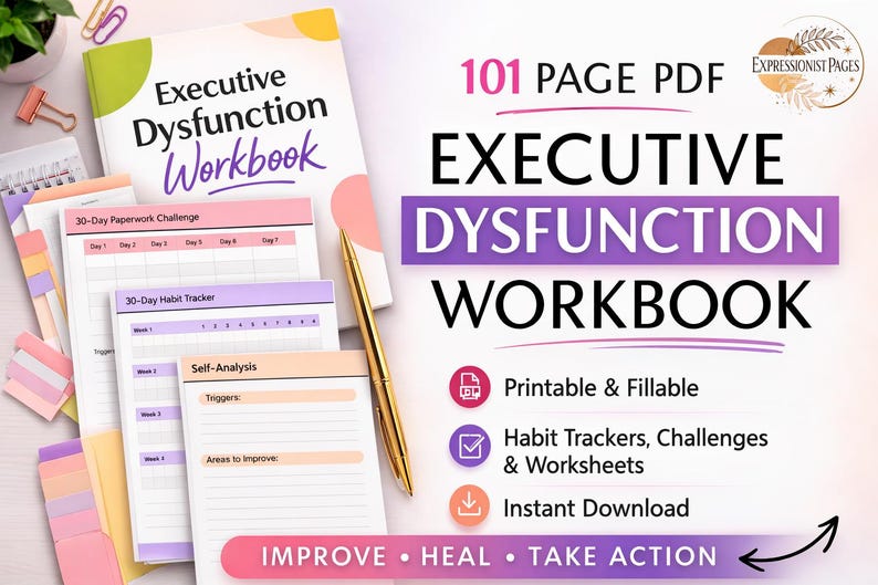 Peut inclure: Un cahier intitul&eacute; "Executive Dysfunction Workbook" avec un design violet et blanc. L'image comprend des feuilles de travail, un stylo dor&eacute; et le texte "101 PAGE PDF". Le cahier propose des trackers d'habitudes, des d&eacute;fis, des feuilles de travail imprimables et remplissables, et des t&eacute;l&eacute;chargements instantan&eacute;s.