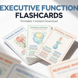 Puede incluir: Un conjunto de tarjetas didácticas con el texto "EXECUTIVE FUNCTION FLASHCARDS" y "Printable • Instant Download". Las tarjetas presentan ilustraciones y texto sobre funciones cognitivas, incluyendo "RESPONSE INHIBITION" y "EMOTIONAL CONTROL".