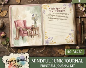 Mindful Junk Journal PDF, Junk Journal Printable Pages, Vintage Watercolor Journal Kit, Gratitude Journal Digital Download