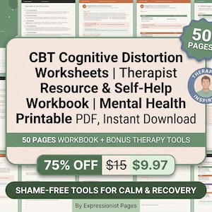 Peut inclure: Un cahier d'exercices de 50 pages sur les distorsions cognitives TCC et un PDF imprimable pour la santé mentale. Le document comprend des ressources inspirées par des thérapeutes, des outils d'auto-assistance et du matériel bonus en vert et crème.