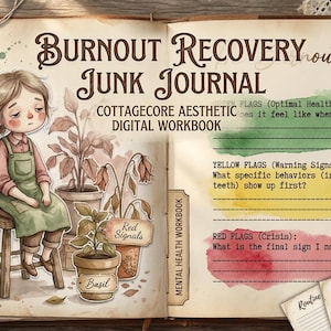 Diario basura para la recuperación del agotamiento | Descarga digital con estética cottagecore | Cuaderno de ejercicios de salud mental para personas con TDAH | Kit de herramientas imprimible de 10 páginas