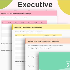 Peut inclure: Un cahier intitul&eacute; "Executive" avec des sections pour un d&eacute;fi de paperasse de 30 jours, un journal de la technique Pomodoro et une r&eacute;flexion finale. Les pages ont des accents roses, jaunes et verts.