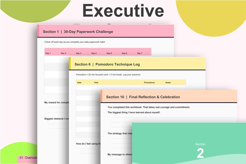 Peut inclure: Un cahier intitul&eacute; "Executive" avec des sections pour un d&eacute;fi de paperasse de 30 jours, un journal de la technique Pomodoro et une r&eacute;flexion finale. Les pages ont des accents roses, jaunes et verts.