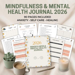 Peut inclure: Plusieurs pages d'un journal de pleine conscience et de santé mentale 2026, comprenant des invites de journal, un plan de sécurité et une liste de contrôle de l'anxiété. La couverture du journal est ornée de marguerites et du texte "2026 Mindfulness & Mental Health Journal".