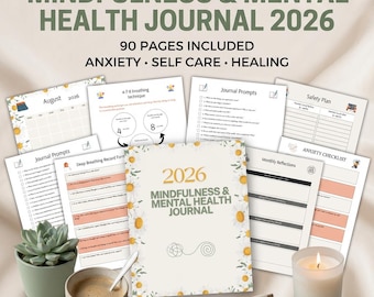 Mindfulness Journal 2026 Planner, Mental Health Tracker, Anxiety Relief Workbook, Gratitude Journal, Self Care Planner Canva Template PDF