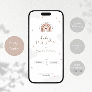 Invitación digital al baby shower | Plantilla personalizable para Canva | Diseño del arco iris | Descarga digital | tarjeta electrónica