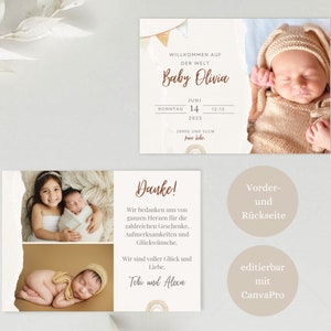 Plantilla de tarjeta de anuncio de nacimiento | Tarjeta de agradecimiento bebé, recién nacido | Diseño neutral en cuanto al género | Personalizable con Canva | Descarga digital