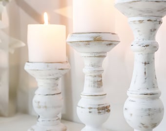 Bougeoir en Bois Blanc Design Rétro Décoration de Table | Bougeoir fait à la main, chandelier conique, bougeoir pilier, supports décoratifs