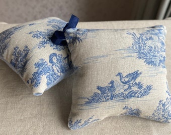 rustic french pin cushion / mimi decorative pillow . blue toile de jouy