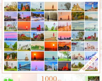 May include: A 1000 piece jigsaw puzzle featuring a collage of lighthouses from Michigan. The puzzle is 27x20 inches and is made in the USA. The puzzle box features a photo of a lighthouse with a sunset in the background.