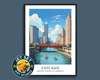 Póster de viaje a Chicago, EE. UU., con marco o sin marco. Lienzo decorativo para pared. Regalo de viaje.