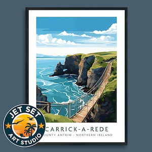 May include: A colorful illustration of Carrick-a-Rede Rope Bridge in Northern Ireland. The bridge is a wooden walkway suspended over a rocky coastline with blue water. The sky is blue with white clouds. The text "Carrick-a-Rede" and "County Antrim - Northern Ireland" is at the bottom of the image.