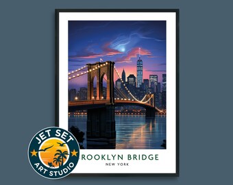 Puente de Brooklyn de noche, Nueva York, EE. UU. Póster de viaje, arte mural, lienzo enmarcado o sin enmarcar, regalo de viaje