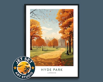 Póster de viaje a Hyde Park, Londres. Lámina decorativa para pared. Lienzo con marco o sin marco. Regalo de viaje.