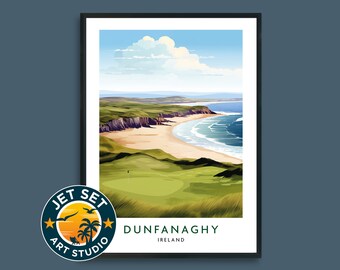 Póster del campo de golf de Dunfanaghy, lámina decorativa para pared, Donegal, Irlanda. Lienzo con marco o sin marco. Ideal como regalo de viaje.