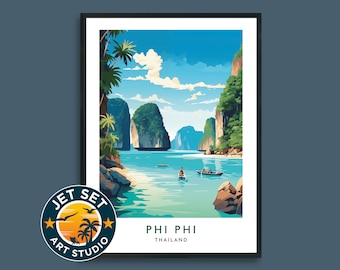 Lámina decorativa de viaje a Phi Phi, Tailandia. Ideal para colgar en la pared. Un regalo perfecto para amantes del arte. Disponible en lienzo con marco o sin marco.