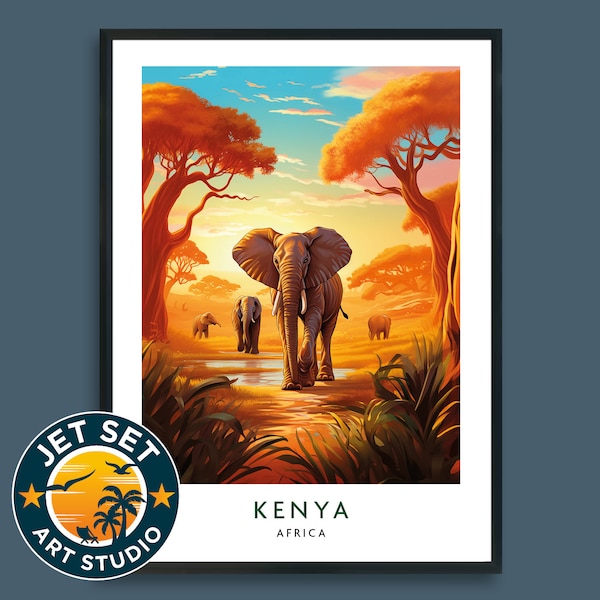 Safari au Kenya, affiche de voyage en Afrique, impression d'art mural, art mural, éléphant, décoration d'intérieur, cadeau, cadeau, amateurs d'art, cadre, toile sans cadre, cadeau de voyage