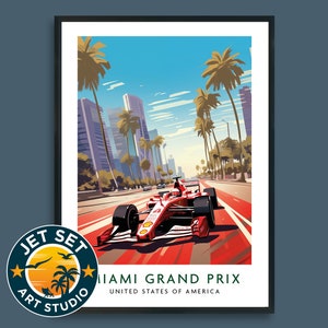 May include: A red Formula 1 race car driving down a street lined with palm trees and skyscrapers. The text "Miami Grand Prix United States of America" is at the bottom of the image.
