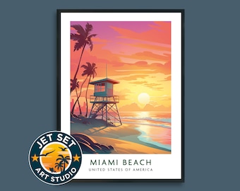 Póster de viaje con estampado del amanecer en Miami Beach, Florida, EE. UU. Arte de pared en lienzo con marco o sin marco. Regalo de viaje.