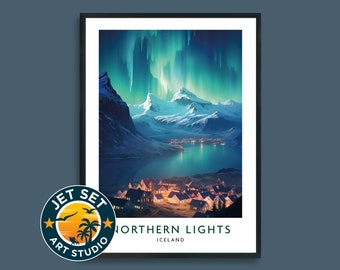 May include: A poster with a vibrant green and blue aurora borealis over a snowy mountain range and a small town. The poster has the text "Northern Lights" and "Iceland" at the bottom.