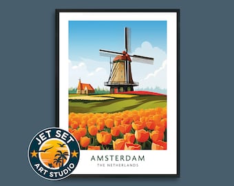 Póster de viaje a Ámsterdam, Holanda, Países Bajos. Lienzo con marco o sin marco. Regalo de viaje.
