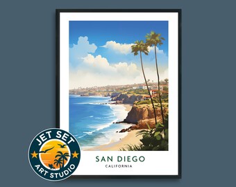 Póster de viaje a San Diego, California, EE. UU., disponible en lienzo con marco o sin marco. Ideal como regalo de viaje.