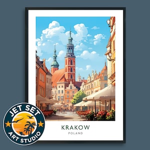 Puede incluir: Una ilustración colorida de una escena de calle de la ciudad de Cracovia, Polonia. La imagen presenta una alta torre de iglesia, edificios coloridos y personas caminando por una calle adoquinada. Hay cafés al aire libre con sombrillas y mesas. El texto "Cracovia, Polonia" está en la parte inferior de la imagen.