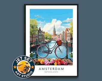 Póster de viaje a Ámsterdam, Holanda, Países Bajos. Lienzo con marco o sin marco. Regalo de viaje.