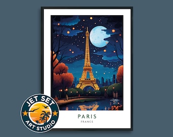 París de noche, Torre Eiffel, lámina de viaje, Francia, arte mural romántico, póster de ciudad, decoración para el hogar, regalo para amantes del arte, lienzo con marco o sin marco