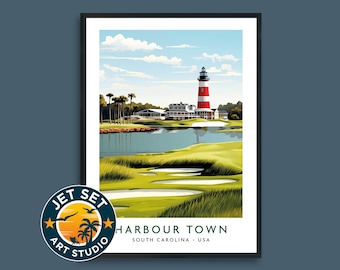 Póster de golf de Harbour Town, EE. UU., impresión de arte de pared, lienzo enmarcado sin marco, regalo de golf