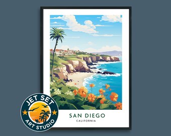 Póster de viaje a San Diego, California, EE. UU., disponible en lienzo con marco o sin marco. Ideal como regalo de viaje.