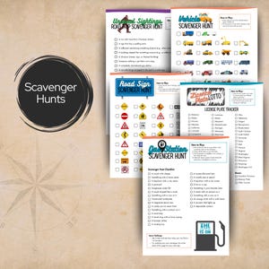 May include: A collection of five printable scavenger hunt game sheets featuring various themes including road trips, vehicles, road signs, license plates, and gas stations, each with checklists, instructions, and colorful icons.