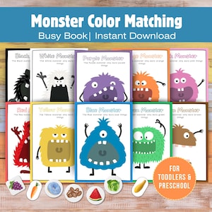Pode incluir: Um livro de atividades Monster Color Matching para imprimir, apresentando vários cartões com monstros coloridos e texto descritivo. Cada cartão exibe um monstro único e uma frase sobre o que ele come. Inclui recortes circulares de alimentos.