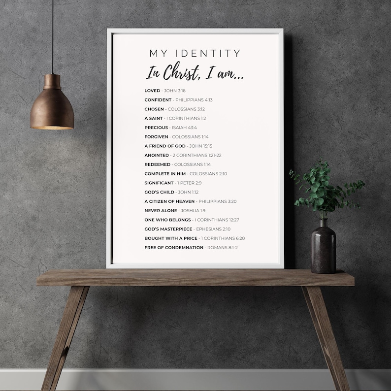 May include: A framed print with the text "MY IDENTITY In Christ, I am..." in black font. The print lists various affirmations such as "Loved," "Confident," and "Chosen," each followed by a Bible verse reference. The frame is white.