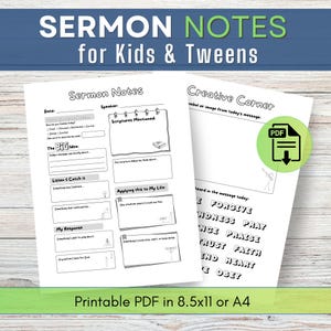 Könnte beinhalten: Druckbare PDF-Predigtnotizen für Kinder und Jugendliche. Die Seiten enthalten Abschnitte für Notizen, Schriftstellen und kreativen Ausdruck. Enthält ein PDF-Download-Symbol und den Text "Druckbares PDF in 8,5x11 oder A4."