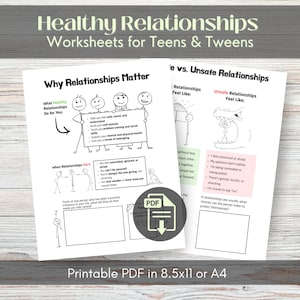 Könnte beinhalten: Ausdruckbare PDF-Arbeitsblätter mit dem Titel Healthy Relationships Worksheets for Teens & Tweens. Die Seiten enthalten schwarz-weiße Strichmännchen-Illustrationen, Texte über gesunde versus ungesunde Beziehungen und leere Felder zum Ausfüllen, Format A4.