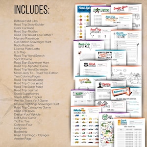 May include: A collection of printable road trip activity sheets featuring games like Road Sign Scavenger Hunt, License Plate Lotto, Word Scramble, and Billboard Ad Libs. The list includes various puzzles, coloring pages, and tracking charts.