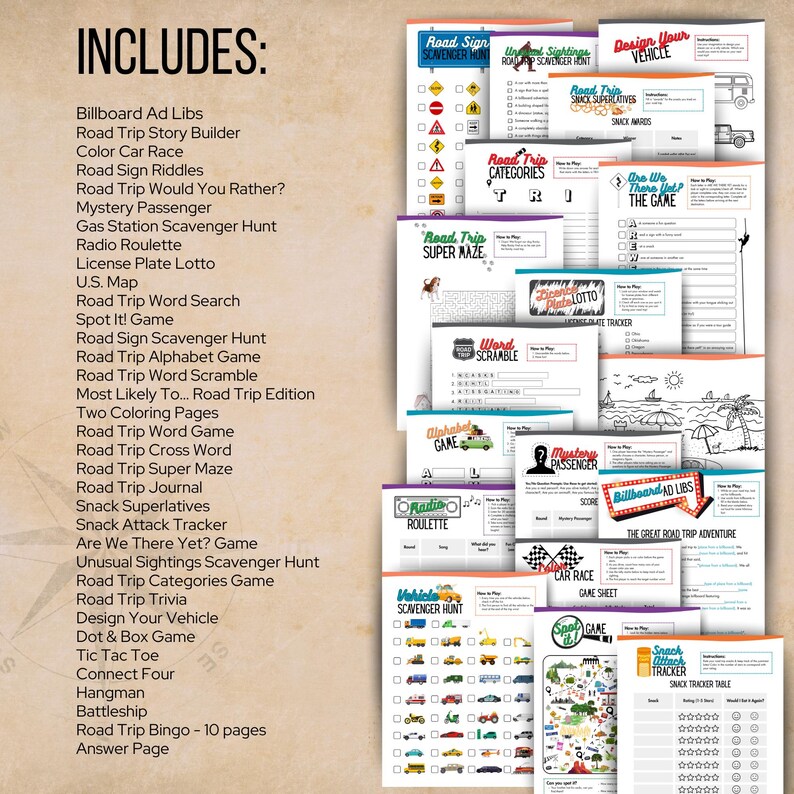 May include: A collection of printable road trip activity sheets featuring games like Road Sign Scavenger Hunt, License Plate Lotto, Word Scramble, and Billboard Ad Libs. The list includes various puzzles, coloring pages, and tracking charts.