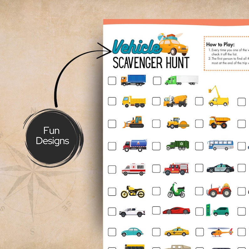 May include: A Vehicle Scavenger Hunt activity sheet featuring a list of various illustrated vehicles including trucks, emergency vehicles, and cars, each with a checkbox. The header includes the text Vehicle Scavenger Hunt and Fun Designs.