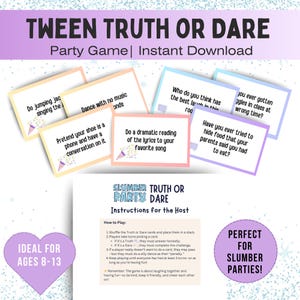 以下が含まれることがあります： 「Tween Truth or Dare」というパーティーゲーム。質問カードと説明書付き。8～13歳向けで、お泊り会に最適と宣伝されています。インスタントダウンロード。